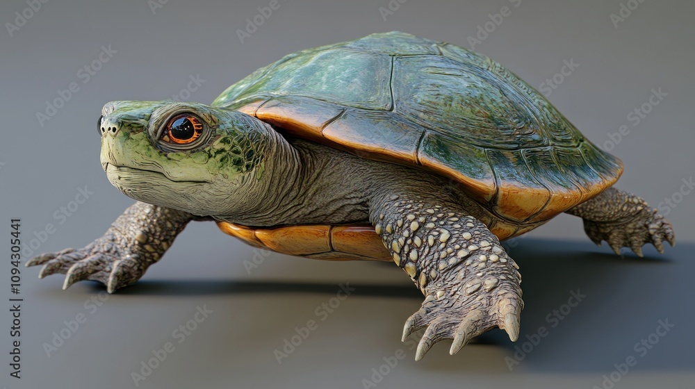 Poster a realistic 3d rendering of a turtle with detailed textures and vibrant colors.