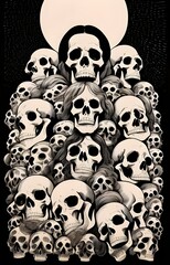 illustration of 1970s vintage gig poster featuring a pile of skulls, skeleton, death, evil, death metal, heavy metal, gig poster, halloween, concert poster, 