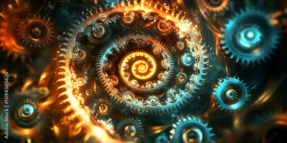 Poster intricate gearwork: a mesmerizing fractal art of gears in fiery orange and cool teal, spiraling into
