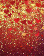 valentine digital paper glitter background with hearts, reds and golds, dissolving 