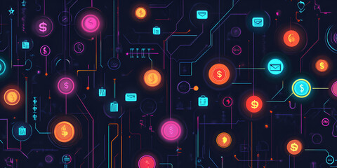 Digital Currency Network: A vibrant, abstract illustration depicting a complex network of glowing digital currency symbols interconnected on a dark background.