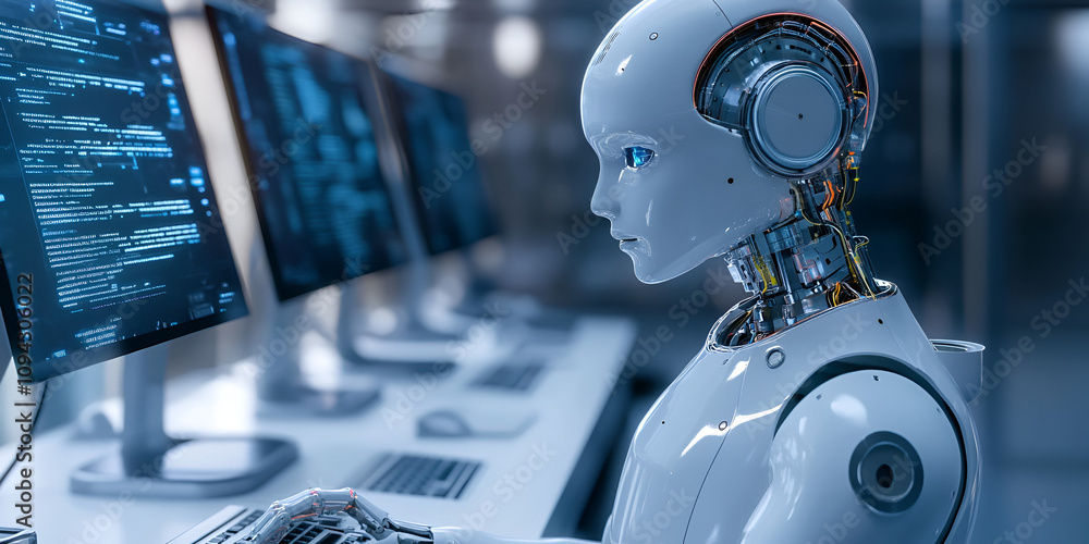 Poster the future of work: a humanoid robot with striking blue eyes sits at a computer, surrounded by a row