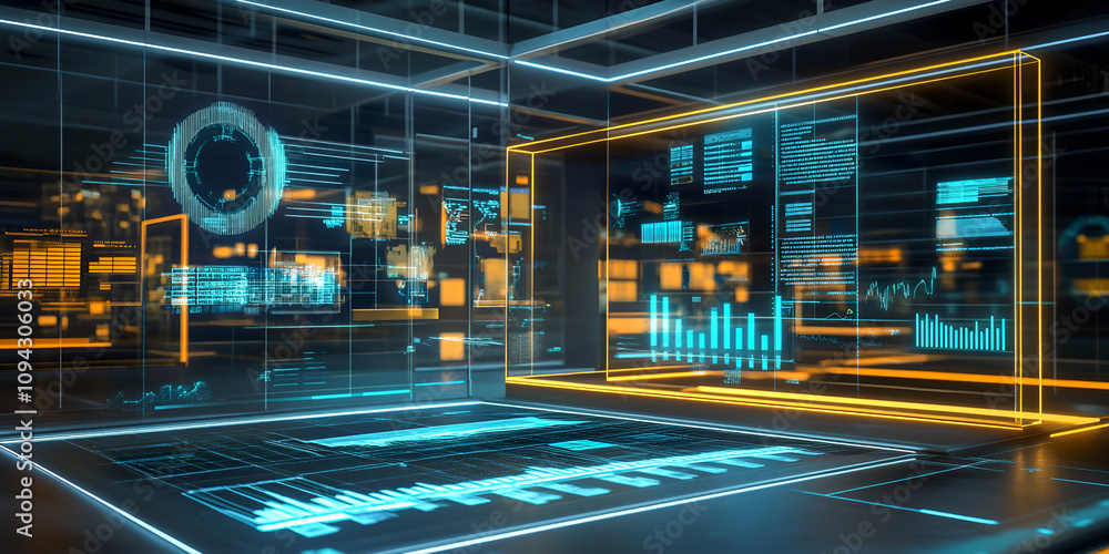 Poster data visualization: a holographic projection of complex data in a futuristic room, showcasing the in
