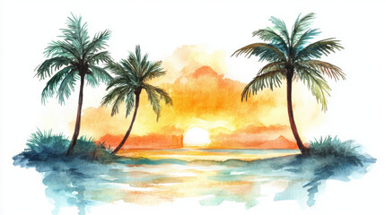 Watercolor painting of a serene beach sunset with palm trees, isolated on white background.,