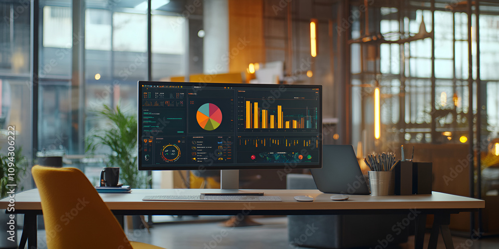 Poster modern business analytics: a sleek, modern office workspace with a large monitor showcasing a vibran