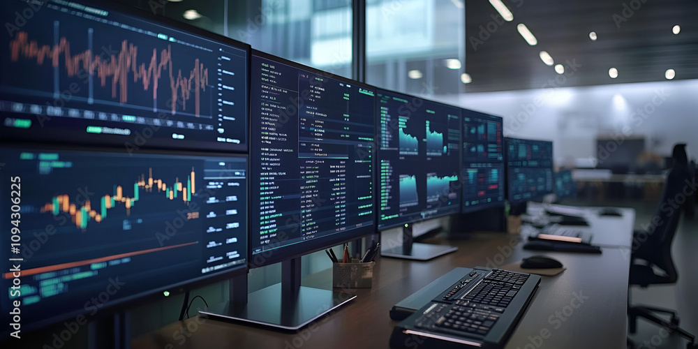 Poster financial data center: a panoramic view of multiple monitors displaying complex financial data chart