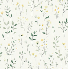A seamless pattern of small wildflowers and leaves, scattered across the canvas in delicate pastel shades of green and gray, with hints of yellow accents