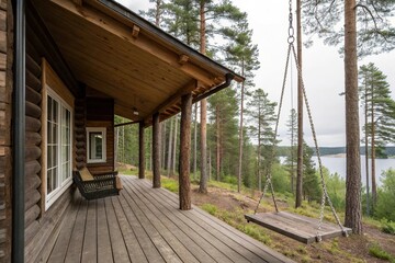 Fototapeta premium Wooden cabin in the Swedish forest with a covered porch and a swing hanging from the eaves, forest, porch, wilderness, scenic