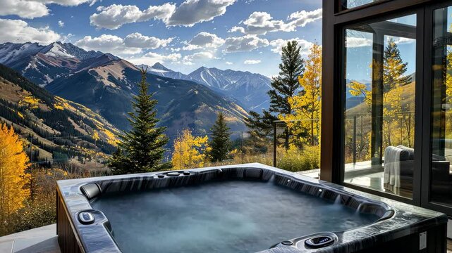 Luxury outdoor hot tub with breathtaking mountain views, surrounded by lush greenery and clear skies. Perfect for relaxation.

