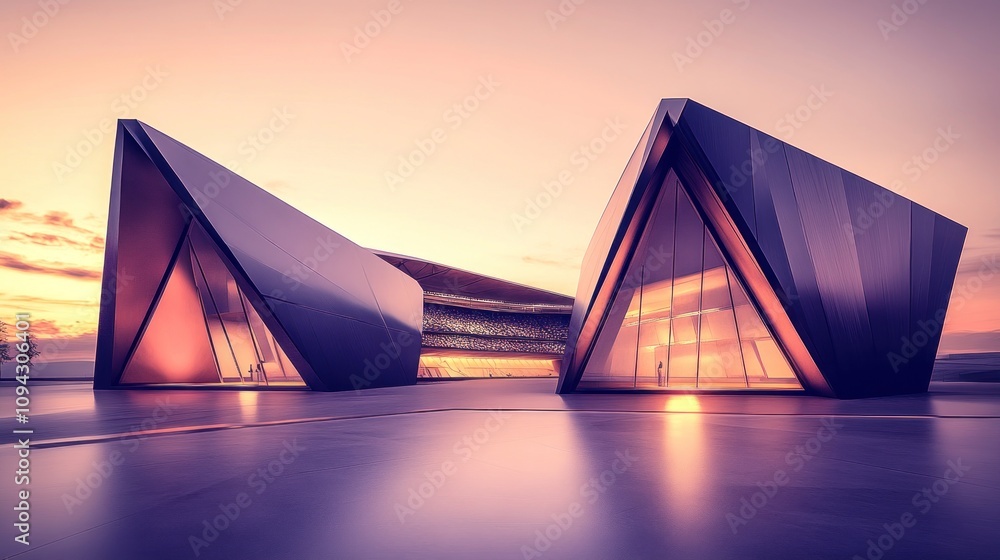 Poster modern architectural structures with angular designs and a vibrant sunset backdrop.
