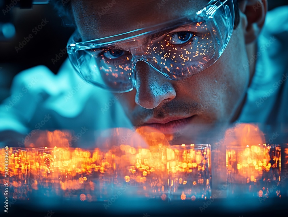 Poster lab technician monitoring bioreactor with holographic data visualization in futuristic synthetic bio