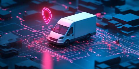 Delivery Van on Digital Network: A delivery van navigating a futuristic, digital network, illuminated by a neon pink pin, representing the concept of efficient delivery and tracking in a modern.
