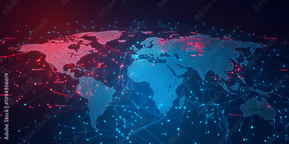 Poster global network: a mesmerizing digital rendering of the world map, illuminated with vibrant blue and 