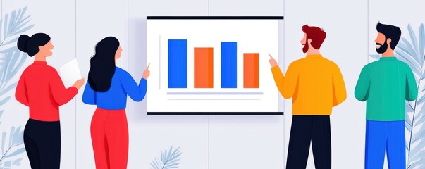 A group of four professionals analyzing a bar chart during a presentation in a modern office setting.