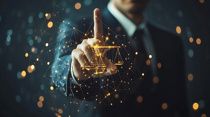 Businessman touching a virtual icon of justice technology background