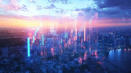 Cityscape at Sunset with Financial Data Overlay Digital Charts and Graphs for Business and Investment Analysis