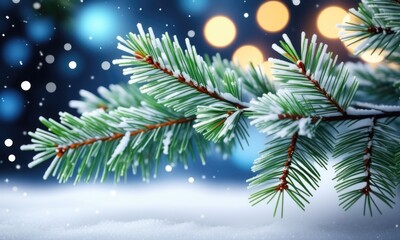 Obraz premium Snowcovered evergreen branches with bokeh lights in a winter wonderland