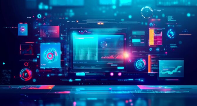 Visual Data and Chart Analysis on Computer Screen with Neon Lines and Icons for Low Code No Code Development Platforms