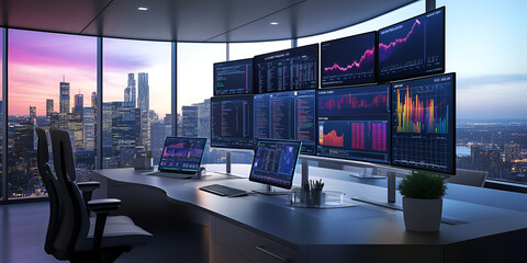 Trading Room with City View at Sunset 