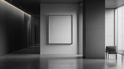 A minimalist interior featuring a blank frame and a chair, emphasizing space and simplicity.