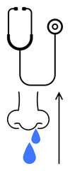 Stethoscope connected to a dripping nose with ascending arrow. Ideal for health, diagnosis, cold, allergy, symptoms, medicine, wellness awareness. Line metaphor