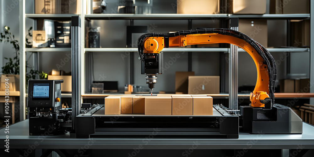 Poster automated fulfillment: a robotic arm deftly manipulates boxes in a modern warehouse setting, showcas