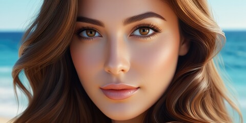 Fototapeta premium Closeup portrait of a woman with wavy hair on a beach background