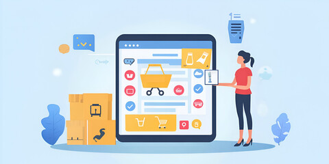 Fototapeta premium Online Shopping Experience: Woman using tablet for e-commerce, shopping cart, online store, packages, digital marketing