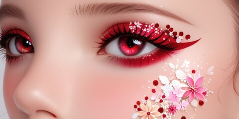 Fototapeta premium Enchanting closeup of artistic eye makeup with floral accents in vivid red tones