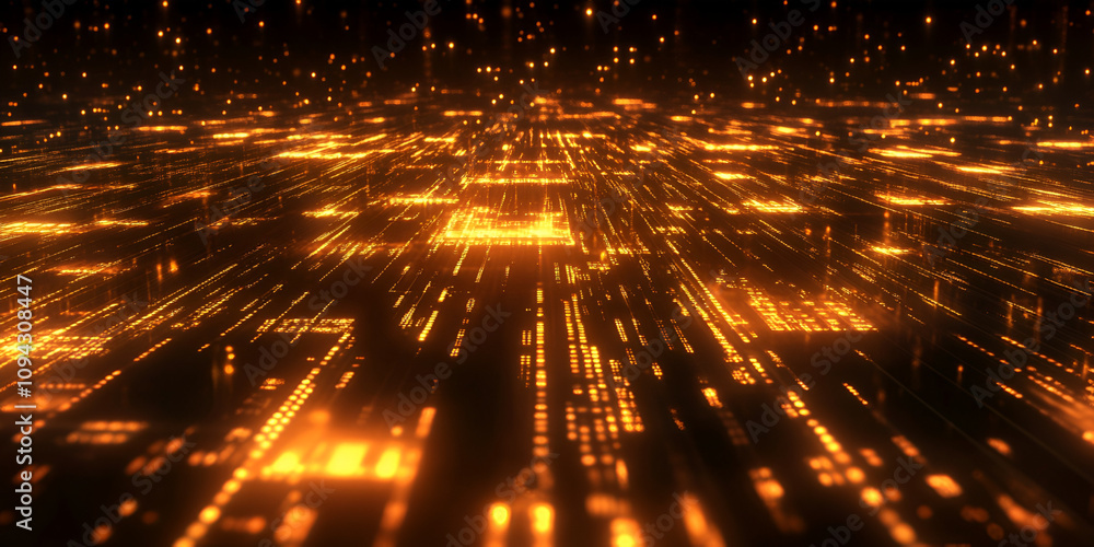 Poster digital network glowing: a mesmerizing abstract background of luminous golden lines and squares, evo