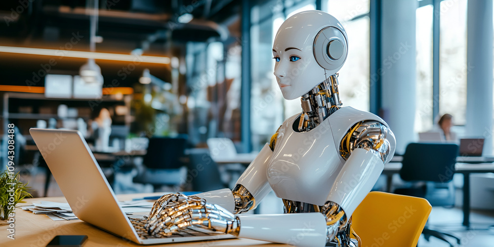 Poster ai assistant at work: a humanoid robot sits at a desk in a modern office, diligently working on a la