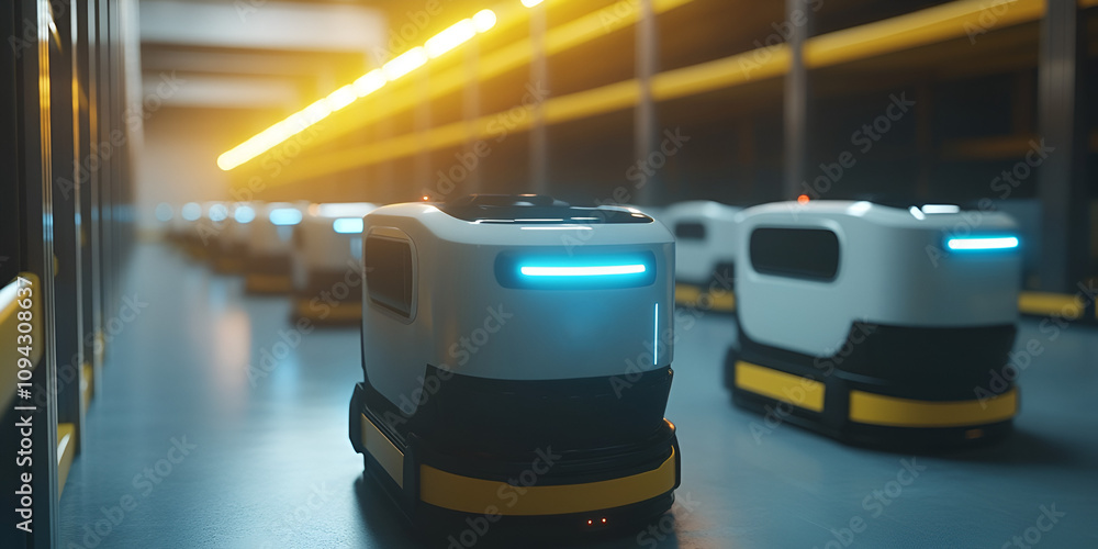 Poster automated future: a line of sleek, white automated robots navigate a futuristic warehouse, illuminat