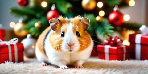 Obraz premium Festive guinea pig in christmas setting with gifts and tree