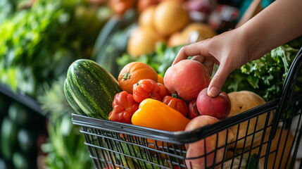 woman hand hold supermarket shopping cart with abstract blur organic fresh fruits and vegetable on shelves in grocery store defocused bokeh light background
