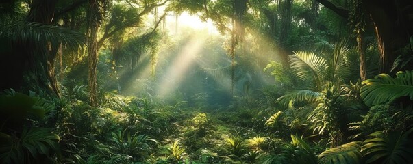 Lush Jungle Landscape Adventure with Palm Trees Tropical Plants and Dense Foliage in Mystical Rainforest