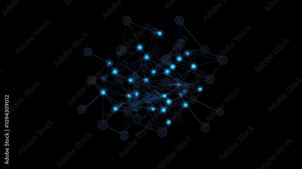 Poster abstract glowing network nodes and connections.