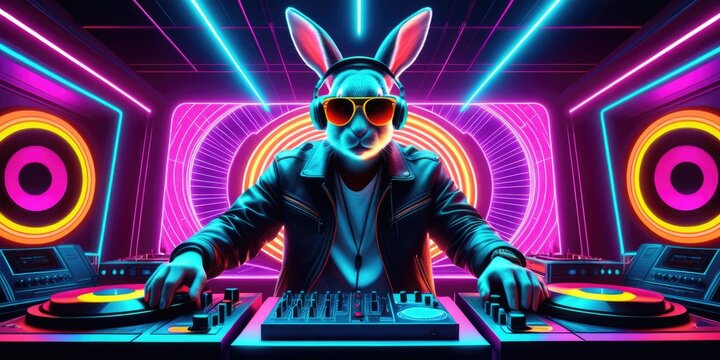 Neon dj rabbit in leather mixing beats at retrofuturistic club