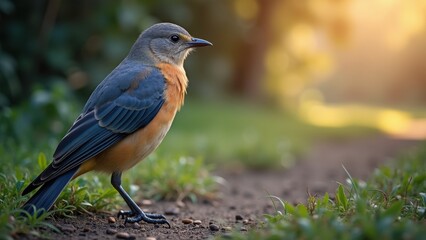 Fototapeta premium A Solitary Bird Stands on a Path Surrounded by Greenery During Golden Hour at a Serene Outdoor Location