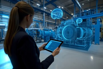 Caucasian female engineer using tablet with holographic technology in modern industrial facility.