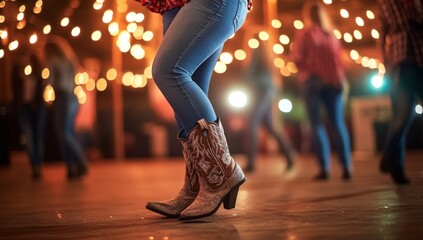 Fototapeta premium Caucasian female in cowboy boots line dancing at rustic barn with string lights.