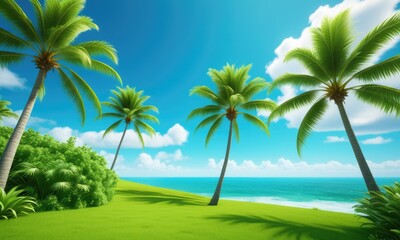 Fototapeta premium Tropical paradise: vibrant palm trees and ocean view under blue sky