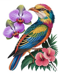 Obraz premium A Detailed Illustration of a Bird Surrounded by Vibrant Tropical Orchids and Hibiscus Flowers for Nature and Art Enthusiasts