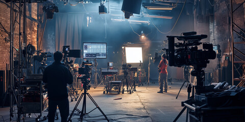 Studio filming video clip shoot scene. Pre-production and filming set.
