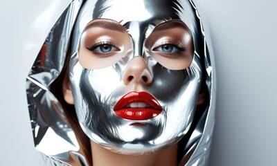 Futuristic glamour: woman with metallic face mask and bold red lips