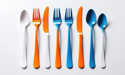 Vibrant cutlery set with orange, blue, and white forks, knives, spoons on white background