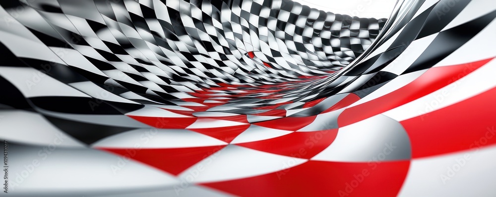 Poster a wavy surface featuring a checkered pattern with red accents, evoking a dynamic feel.