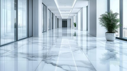 Fototapeta premium Modern Spacious Hallway with Marble Flooring and Large Windows in Luxury Office Building