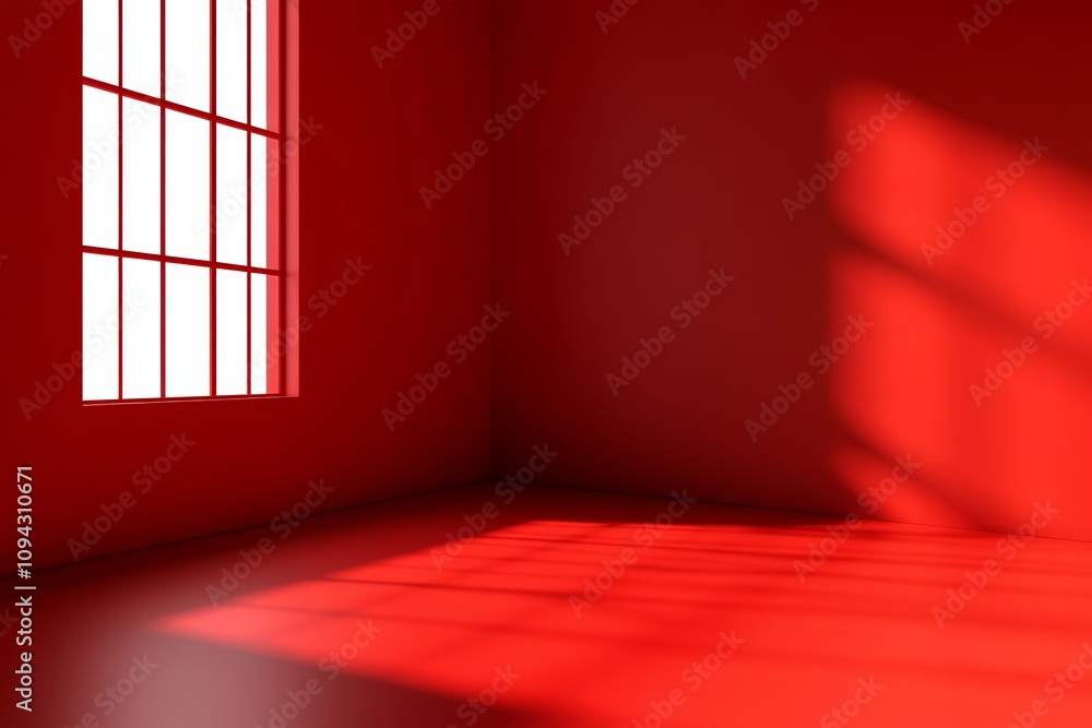Poster minimalist interior design space with red walls and abstract window shadows