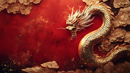 Fototapeta premium A golden dragon, with a red background and swirling clouds.