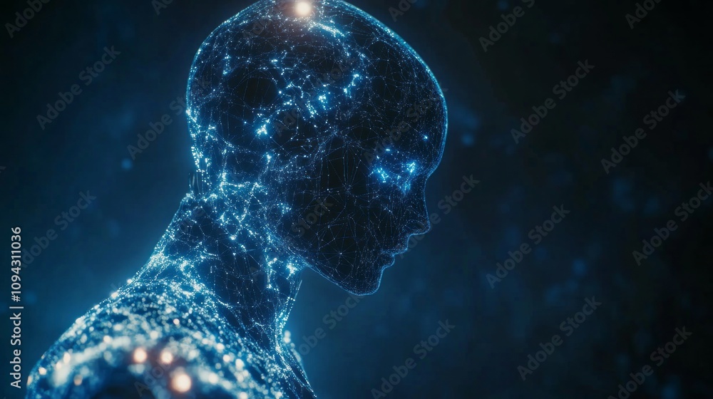Poster a blue head with a face made of lines and dots